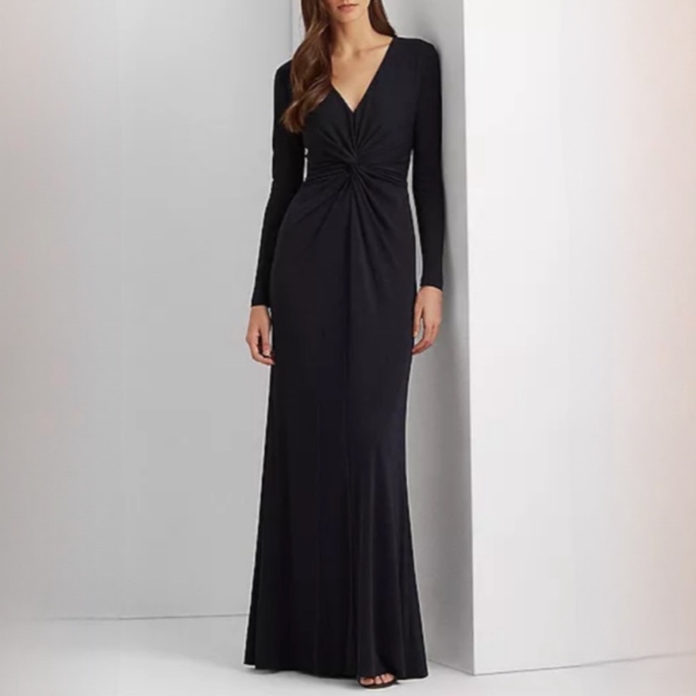 New LAUREN RALPH LAUREN Twist-Front Long Sleeve A-Line Jersey Gown Black Dress